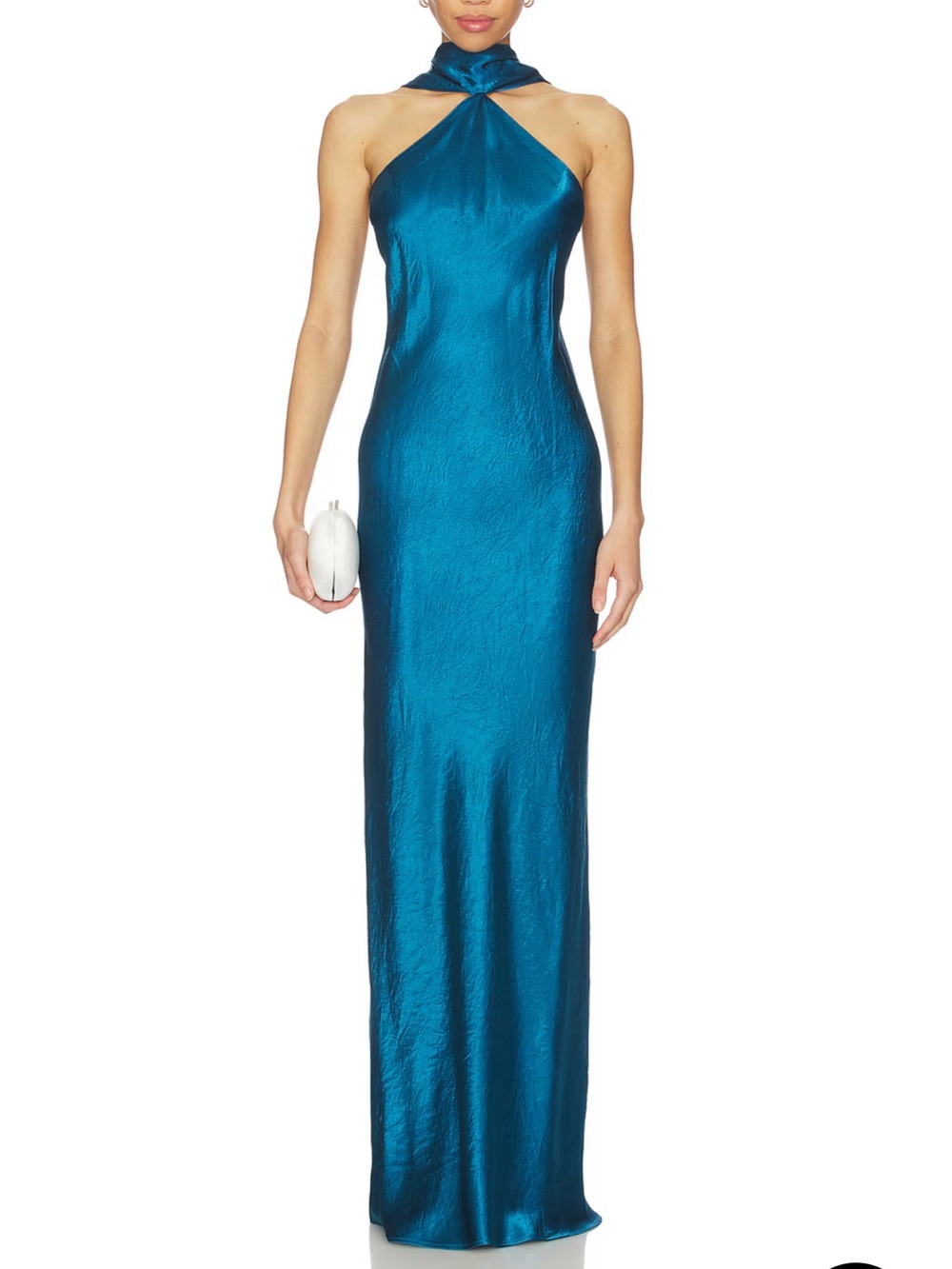 Amanda Uprichard Metallic Teal Halter Neck Maxi Dress